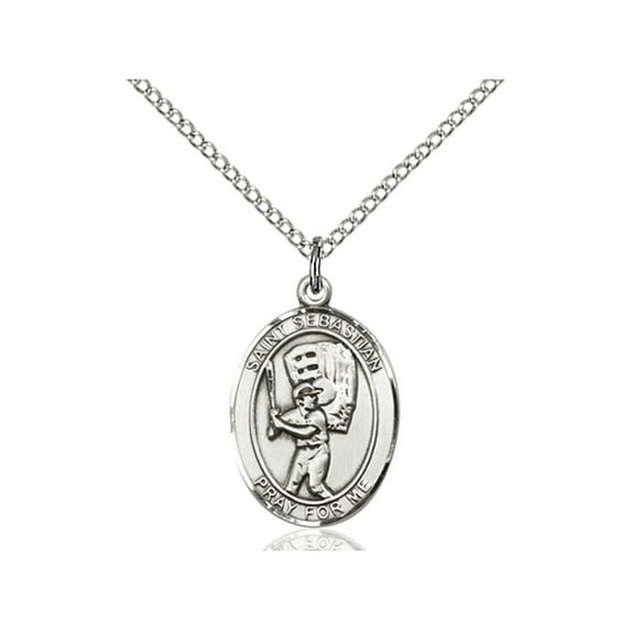 Sterling Silver St. Sebastian / Baseball Pendant 3/4 x 1/2 inches with SS Lite Curb Chain