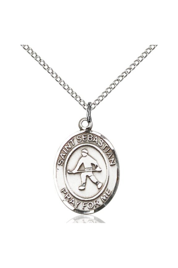 Sterling Silver St. Sebastian/Field Hockey Pendant 3/4 x 1/2 inches with Sterling Silver Lite Curb Chain