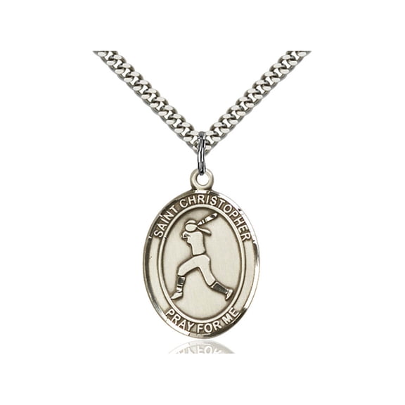 Sterling Silver St. Sebastian / Softball Pendant 1 x 3/4 inches with Heavy Curb Chain