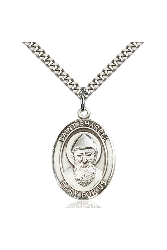 Sterling Silver St. Sharbel Pendant 1 x 3/4 inches with Heavy Curb Chain
