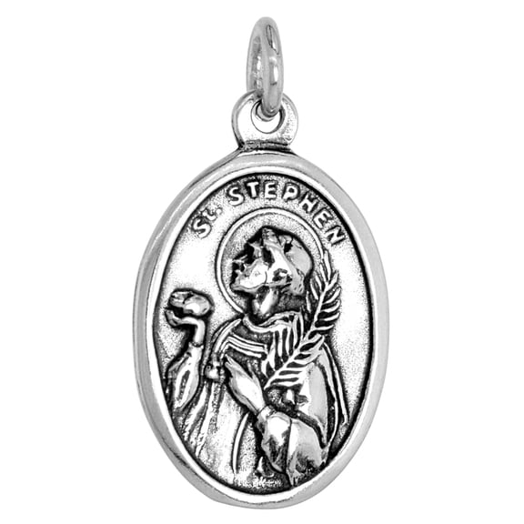 Sterling Silver St Stephen Medal Pendant Oxidized finish Oval 1 inch