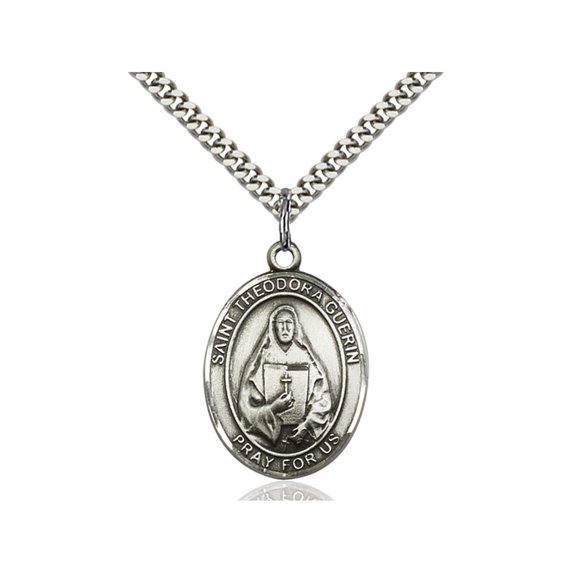 Sterling Silver St. Theodore Guerin Pendant 1 x 3/4 inches with Heavy Curb Chain