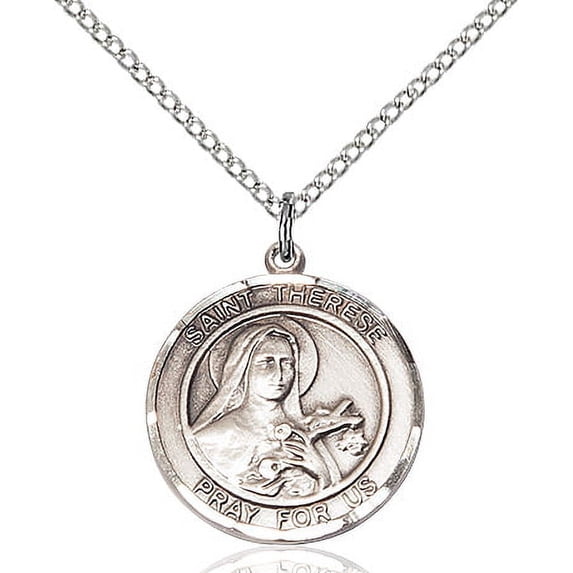 Sterling Silver St. Therese of Lisieux Pendant 3/4 x 5/8 inches with 18 inch Sterling Silver Curb Chain