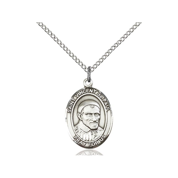 Sterling Silver St. Vincent De Paul Pendant 3/4 x 1/2 inches with Sterling Silver Lite Curb Chain