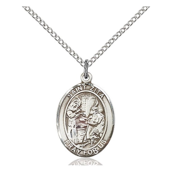 Sterling Silver St. Zita Pendant 3/4 x 1/2 inches with Sterling Silver Lite Curb Chain