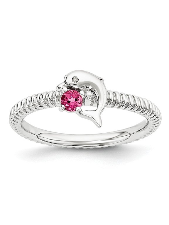 Sterling Silver Stack Exp Pink Tourmaline & Diamond Dolphin Ring