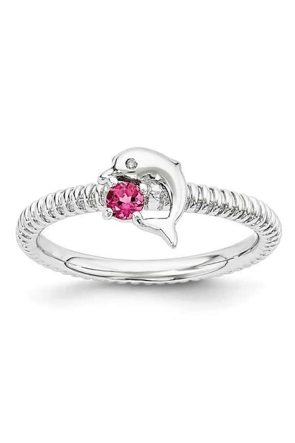 Sterling Silver Stack Exp Pink Tourmaline & Diamond Dolphin Ring