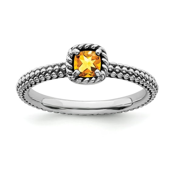 Sterling Silver Stackable Expressions Checker-cut Citrine Antiqued Ring - Size 6