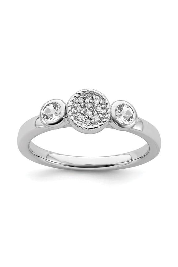 Sterling Silver Stackable Db Round White Topaz and Dia. Ring - .05 dwt .26 cwt - Size 7