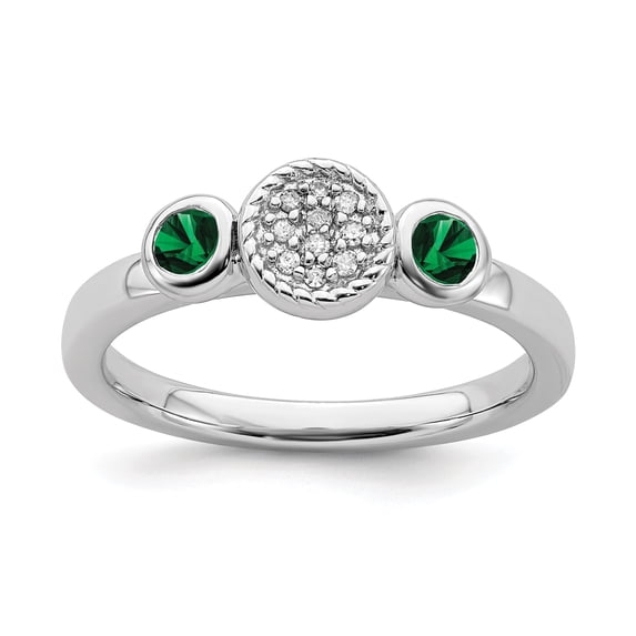 Sterling Silver Stackable Expressions Dbl Round Cr. Emerald & Dia. Ring - Size 8