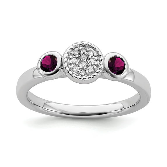 Sterling Silver Stackable Expressions Dbl Round Rhod. Garnet & Dia. Ring - Size 8