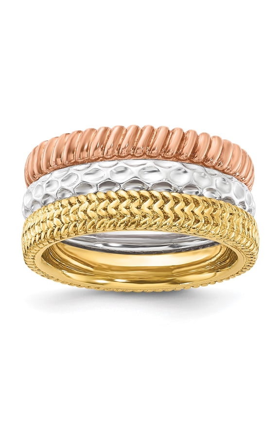 Finest Gold Sterling Silver Stackable Expressions Gold-Tone & Rose-Tone Textured Pattern 3 Piece Ring Set - Size 7
