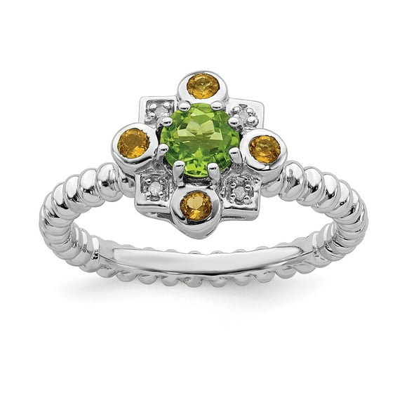 Sterling Silver Stackable Expressions Peridot, Citrine & Diamond Ring - Size 9