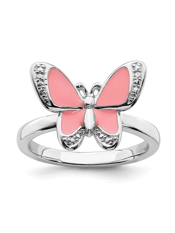 Sterling Silver Stackable Expressions Pink Enamel Butterfly Ring