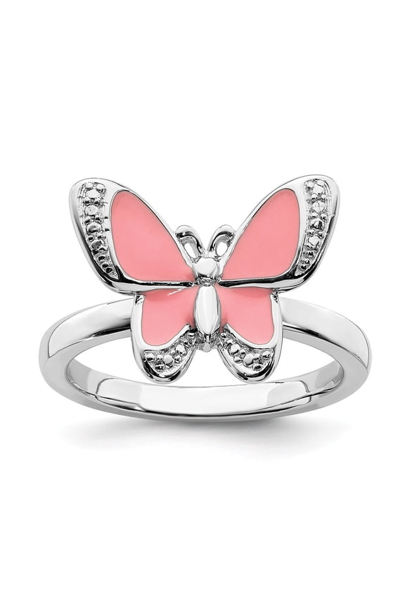 Sterling Silver Stackable Expressions Pink Enamel Butterfly Ring