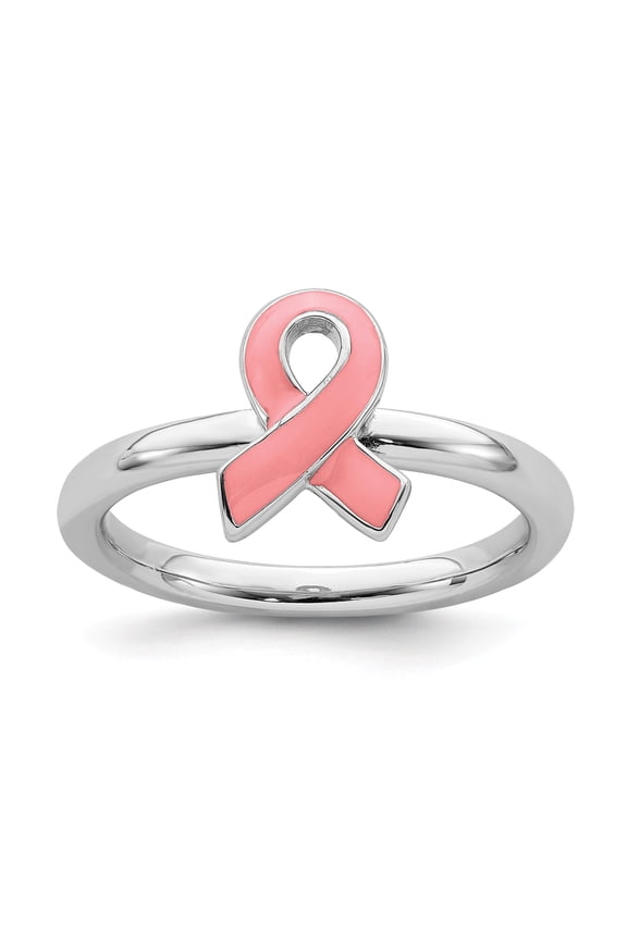 Sterling Silver Stackable Expressions Pink Enameled Awareness Ribbon Ring - Size 7