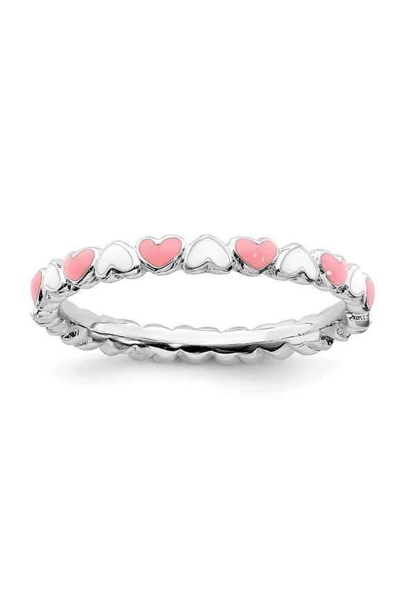 Sterling Silver Stackable Expressions Pink & White Enamel Heart Ring Size 9