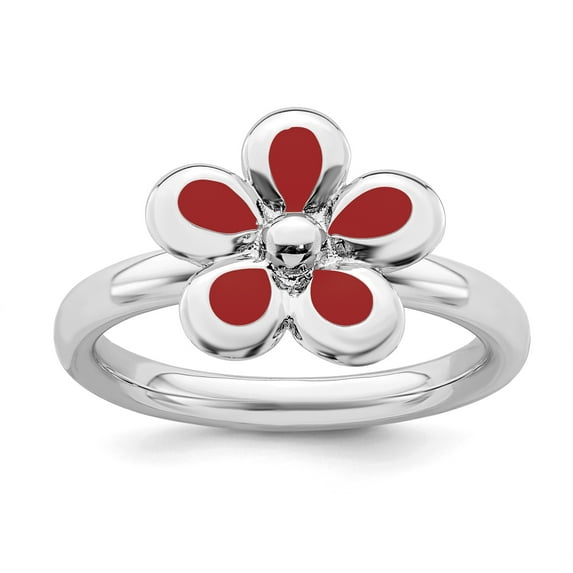 Sterling Silver Stackable Expressions Polished Red Enameled Flower Ring - Size 9