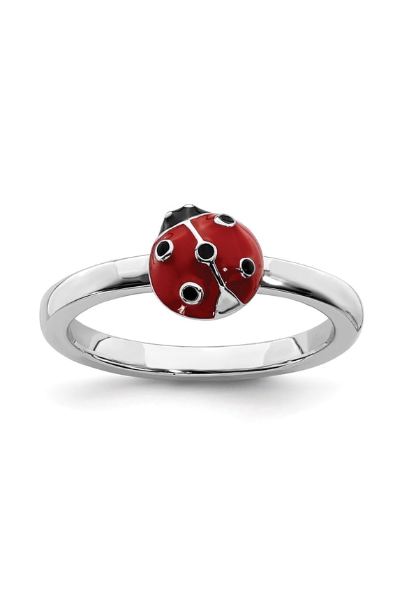 Sterling Silver Stackable Expressions Red & Black Enamel Ladybug Ring Size 9