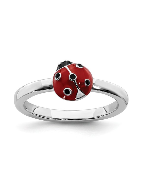 Sterling Silver Stackable Expressions Red/Black Enamel Ladybug Ring