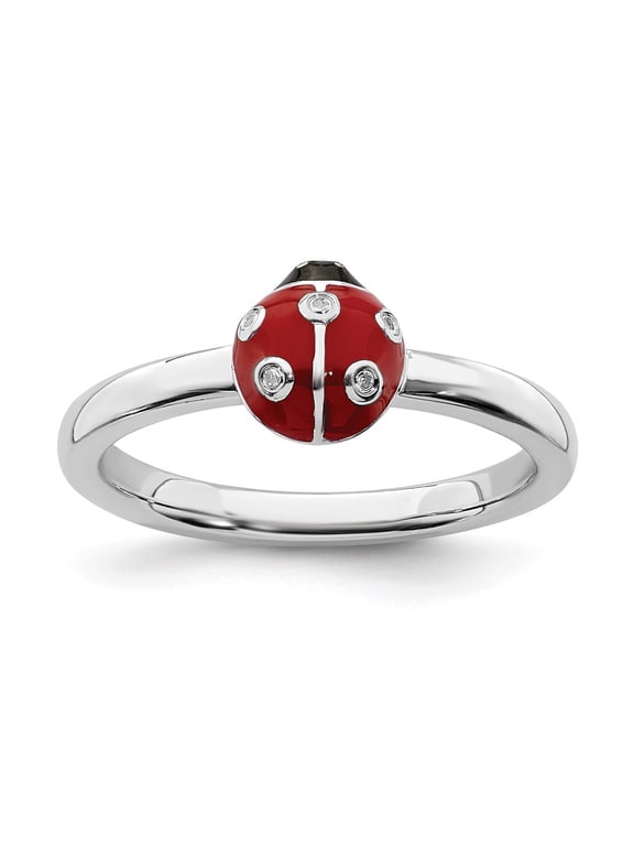 Sterling Silver Stackable Expressions Red /Blk Enamel Ladybug w/Diamond Rin