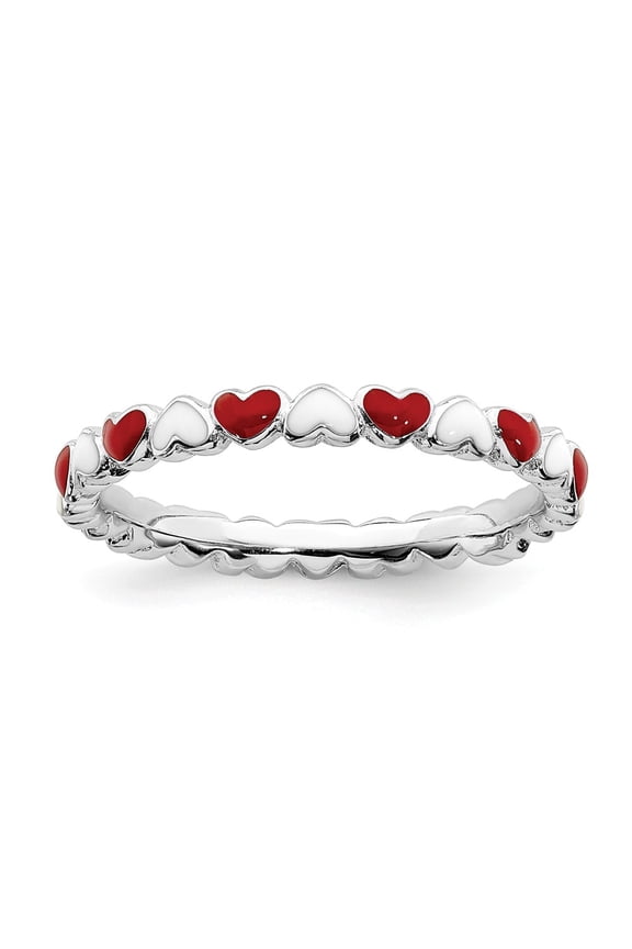 Sterling Silver Stackable Expressions Red & White Enamel Heart Ring Size-9