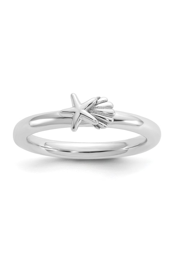 Sterling Silver Stackable Expressions Rh-plated Starfish and Shell Ring
