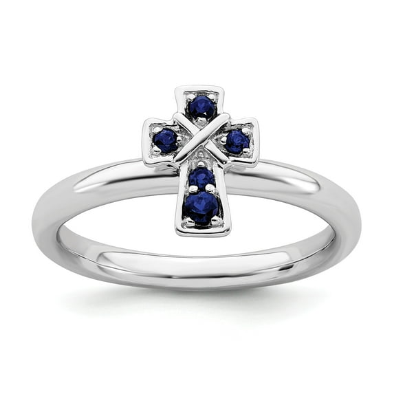 Sterling Silver Stackable Expressions Rhodium Created Sapphire Cross Ring - Size 10