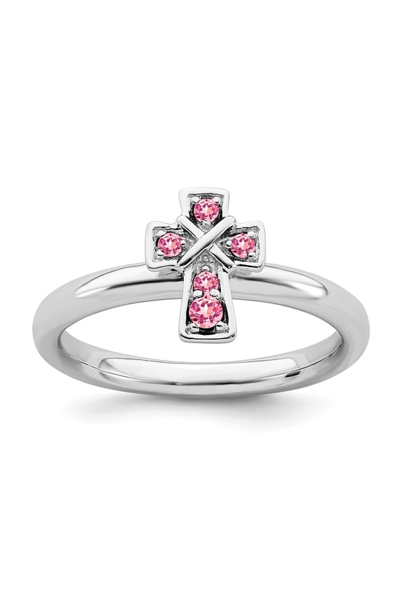 Sterling Silver Stackable Expressions Rhodium Pink Tourmaline Cross Ring