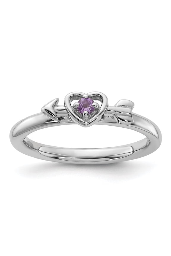 Sterling Silver Stackable Expressions Rhodium-plated Amethyst Heart with Arrow Ring Size -5