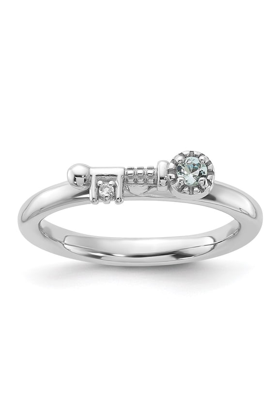 Sterling Silver Stackable Expressions Rhodium-plated Aquamarine and White Topaz Key Ring Size -9