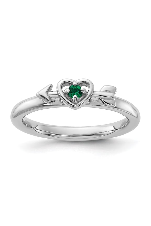 Sterling Silver Stackable Expressions Rhodium-plated Created Emerald Heart with Arrow Ring Size -8