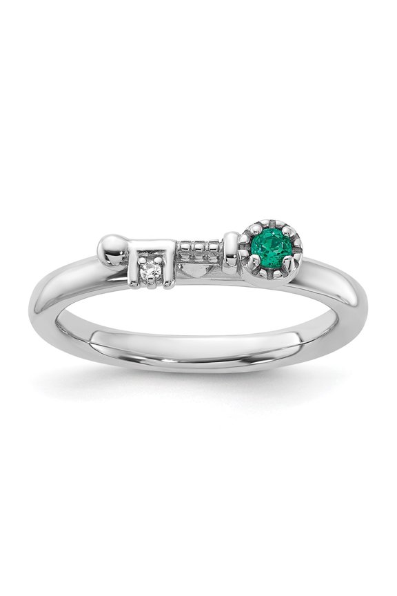 Sterling Silver Stackable Expressions Rhodium-plated Created Emerald and White Topaz Key Ring Size -5