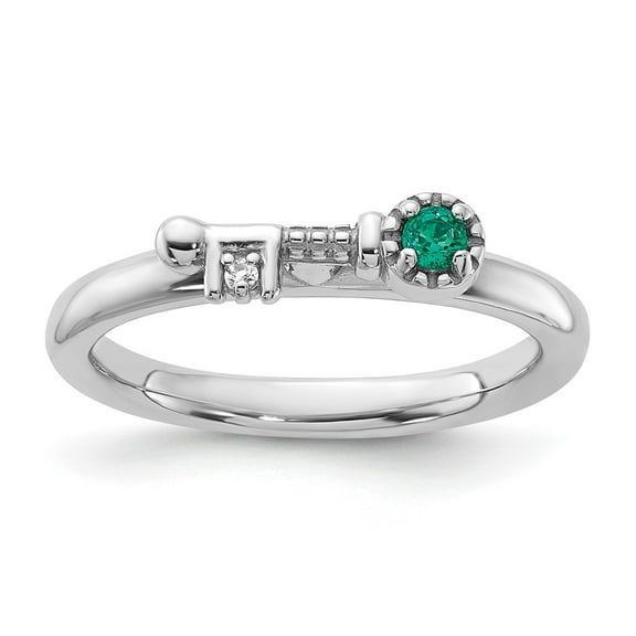 Sterling Silver Stackable Expressions Rhodium-plated Created Emerald and White Topaz Key Ring Size -8