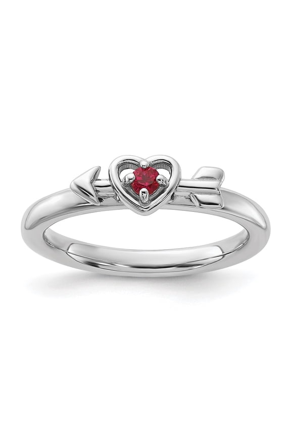 Sterling Silver Stackable Expressions Rhodium-plated Created Ruby Heart with Arrow Ring Size -5