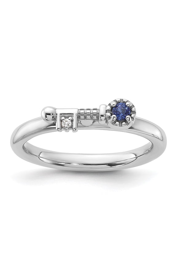Sterling Silver Stackable Expressions Rhodium-plated Created Sapphire and White Topaz Key Ring Size -8