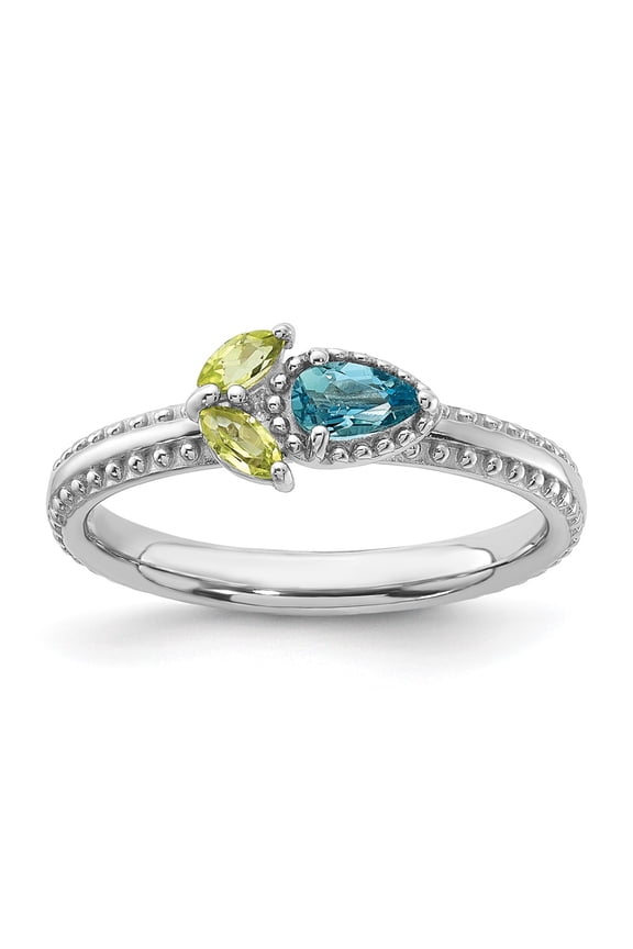 Sterling Silver Stackable Expressions Rhodium-plated Lt Swiss Blue Topaz & Peridot Flower Ring Size -5