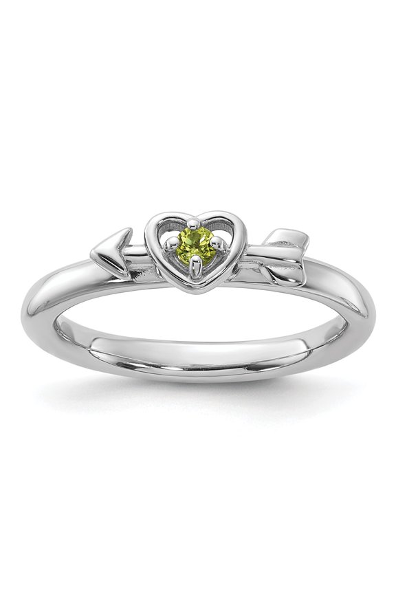 Sterling Silver Stackable Expressions Rhodium-plated Peridot Heart with Arrow Ring Size -8