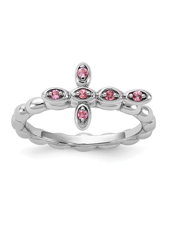 Sterling Silver Stackable Expressions Rhodium-plated Pink Tourmaline Cross Ring Size -5