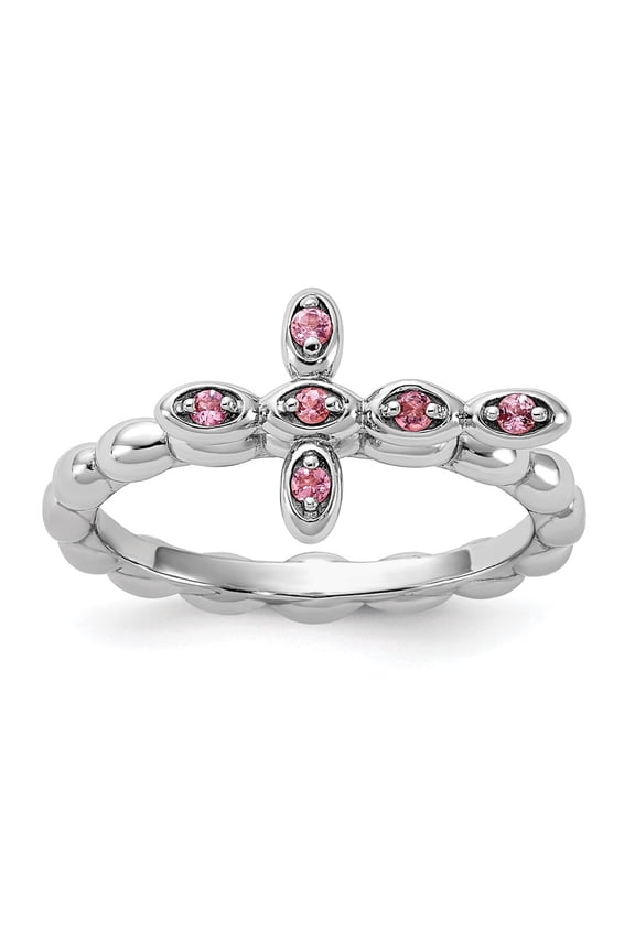 Sterling Silver Stackable Expressions Rhodium-plated Pink Tourmaline Cross Ring Size -9