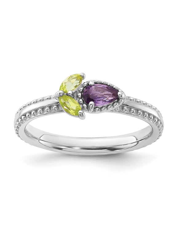 Sterling Silver Stackable Expressions Rhodium-plated Textured Amethyst and Peridot Flower Ring Size -8