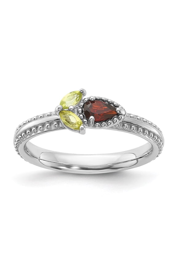 Sterling Silver Stackable Expressions Rhodium-plated Textured Garnet and Peridot Flower Ring Size -5