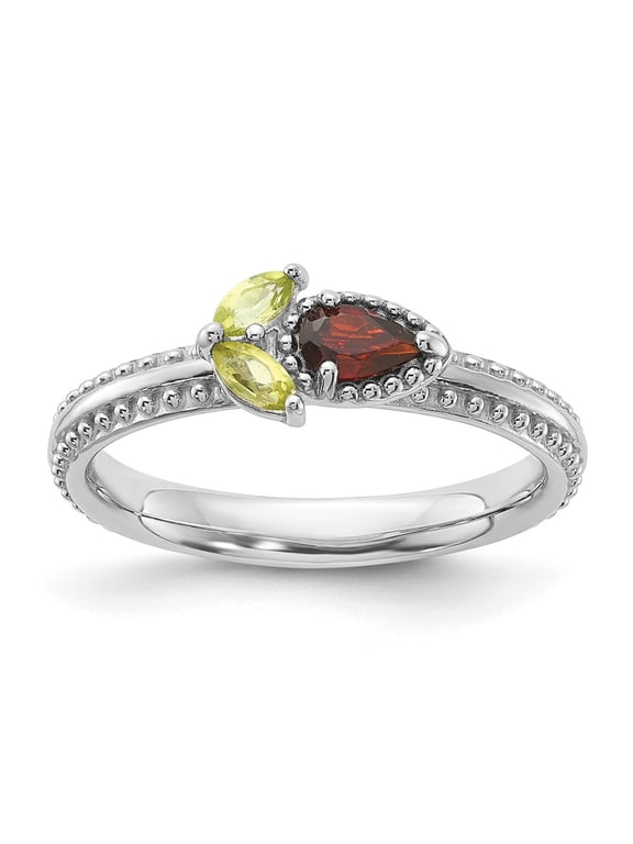 Sterling Silver Stackable Expressions Rhodium-plated Textured Garnet and Peridot Flower Ring Size -8