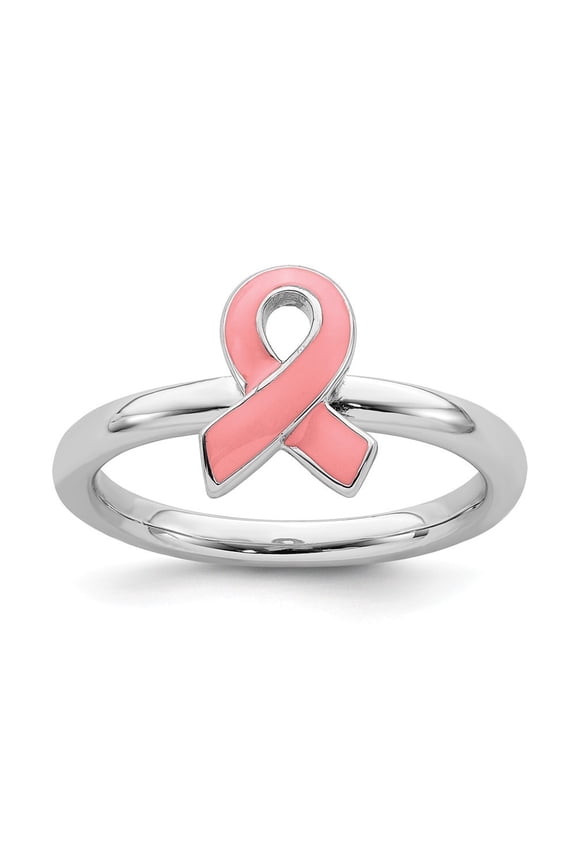 Sterling Silver Stackable Pink Enameled Awareness Ribbon Ring - 3.2 Grams - Size 8