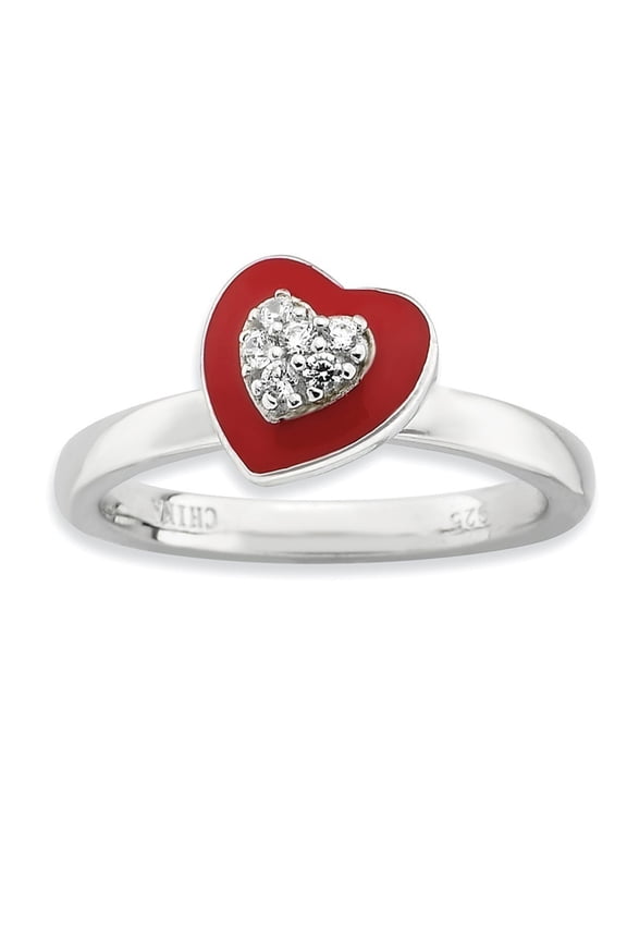 Sterling Silver Stackable Polished Enameled Cubic Zirconia Heart Ring - .17 cwt - Size 7