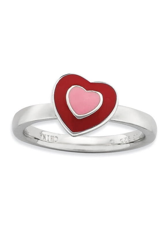Sterling Silver Stackable Polished Enameled Hearts Ring - 3.3 Grams - Size 6