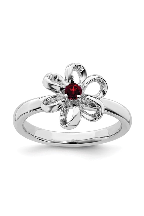 Sterling Silver Stackable Polished Garnet Flower Ring - .13 cwt - Size 9
