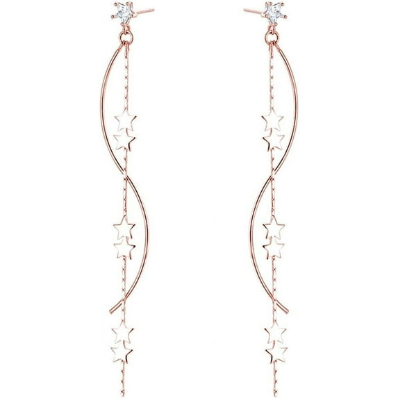 Sterling Silver Star Dangle Earrings for Women Teens Long Dangle Earrings Chain Curve Tassel