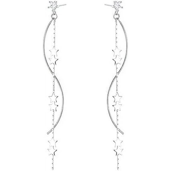 Sterling Silver Star Dangle Earrings for Women Teens Long Dangle Earrings Chain Curve Tassel