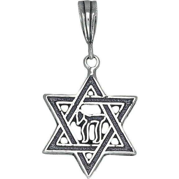 Sterling Silver Star of David with Chai Symbol Pendant Necklace with 18 Inch Rolo Chain